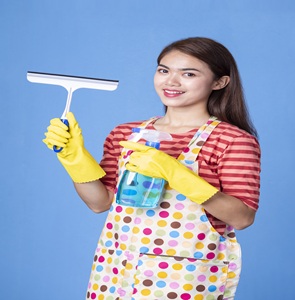 Young housekeeper female with cleaning supply